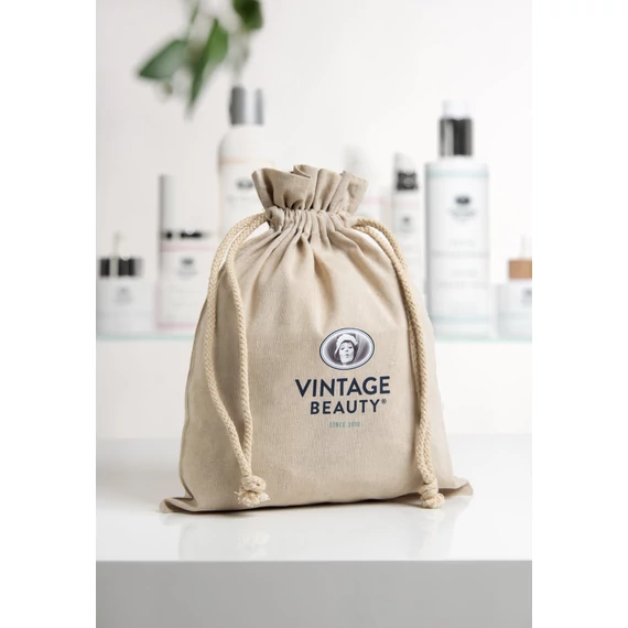 Vintage Beauty bézs logózott zsinóros táska újrahasznosított pamutból